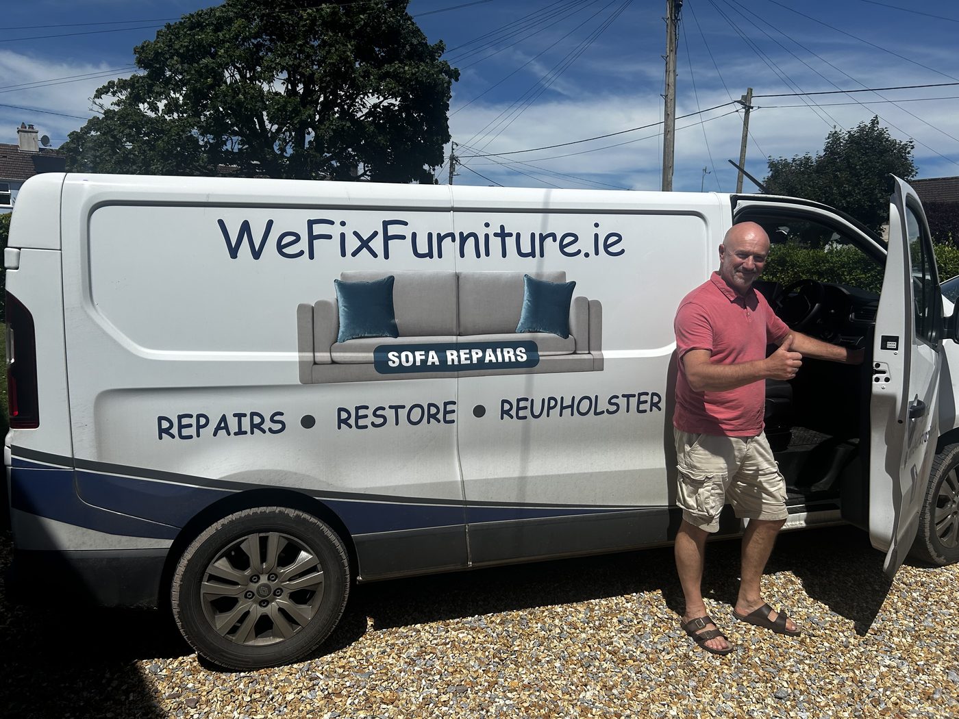 WeFixFurniture van with technician, providing furniture repair, restoration and reupholstery services across Cork, Kerry, Tipperary and Limerick
